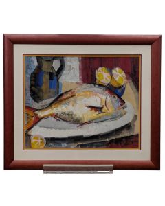 Nature morte à la daurade par Georges Briata daté 1962 huile sur isorelle