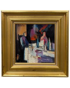 Scene de restaurant huile sur bois par Georges Briata