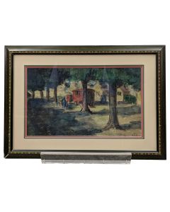 Grande aquarelle gouachée Les rulottes monogrammé AG 1948