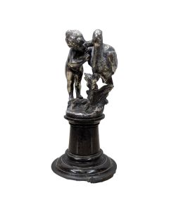 Statuette enfant et héron en bronze argenté 1900