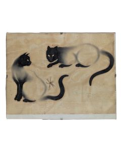 Dessin animalier à l'encre sur soie aux chats siamois signé N Guyen Minh