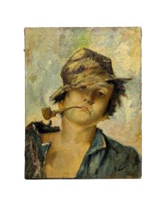 Huile sur toile italienne jeune homme à la pipe
