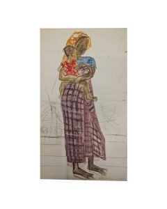 Elisabeth Faure Aquarelle femme et son b&eacute;b&eacute; orientaliste &agrave; l'enfant