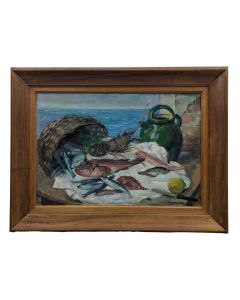 huile sur toile nature morte aux poissons et au citron