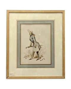 Caricature d’un bourgeois au chapeau, encre et aquarelle, XIXe siècle