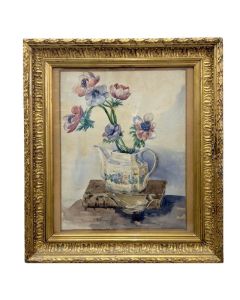 Tessier de Valdrome – Nature morte aux anémones dans une théière en faïence – Aquarelle originale, signée – cadre en bois doré à la feuille