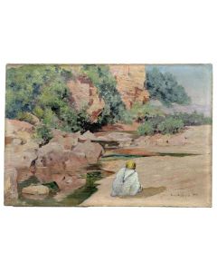 Scène orientaliste – Bord d’oued au personnage drapé – huile sur toile signée et datée 1935