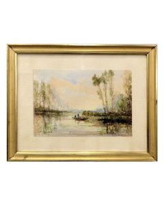 Dessin aquarelle marine lacustre barque signé C David