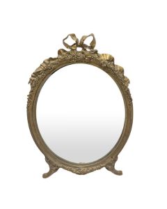 Miroir ovale de style Louis XVI en bronze doré – décor de nœud rubané et guirlandes florales – fin XIXe / début XXe siècle