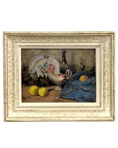 Paul Rolland (actif milieu XXe siècle)
Nature morte au pichet fleuri, citrons et draperie bleue