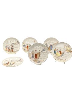 Rare ensemble de six assiettes illustrées – "Sujets musicaux"
France, Creil-Montereau (attribué), vers 1880-1900
