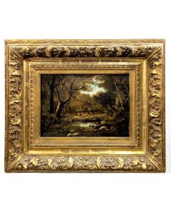  par Paul Vernon Huile sur toile dans le goût de l’école de Barbizon Scène boisée animée au bord de l’eau XIXème