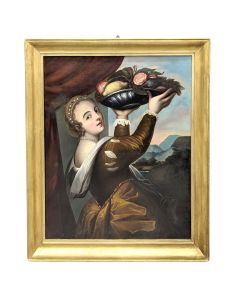 Tableau ancien – Huile sur toile  : “Jeune femme au panier de fruits”
École italienne XIXème siècle 