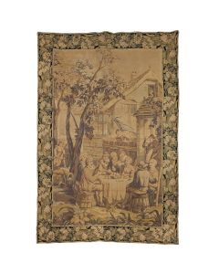 Grande tapisserie murale à décor de scène villageoise
Le repas paysan sous les arbres, dans le goût de Teniers
Tissage mécanique en laine et coton
France, XXe siècle, vers 1950-1970
160 × 220 cm