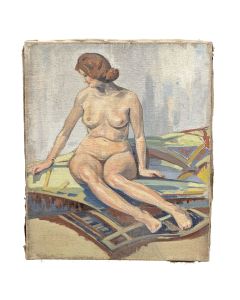 Nu féminin allongé dans un atelier Huile sur toile, école française moderne, circa 1950 