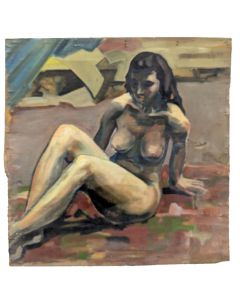 Nu féminin allongé dans un atelier
Huile sur toile, école française moderne, circa 1950- 