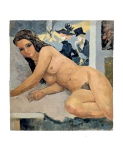 Nu féminin allongé dans un atelier
Huile sur toile, école française moderne, circa 1950- 