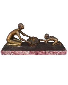 Bronze Art déco patine doré jeune fille au faune par Henry Fugère