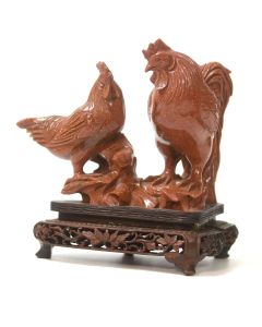 Statuette au coq et sa poule en verre aventuriné asiatique