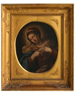 Madonne XVIIIème huile sur toile médaillon cadre doré