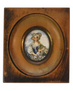 Portrait d'élégante médaillon peint porcelaine encadré bois XIXème