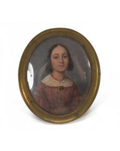 Portrait médaillon peint jeune femme cadre bois doré XIXème
