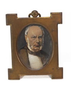 Portrait médaillon peint Homme rouflaquettes cadre métal doré XIXème