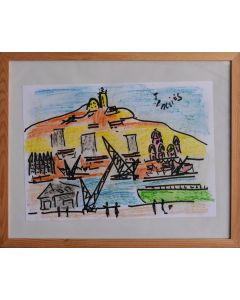 Dessin au feutre et crayon vieux port de Marseille et Notre-Dame de La Garde