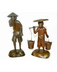 Bronzes vietnamiens porteuse d'eau et le paysan (paire)