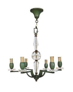 Lustre bronze 6 feux 1940 style Adnet laqué vert