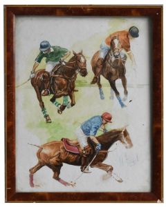 Dessin aquarelle aux joueurs de Polo études par Henri Fanjul