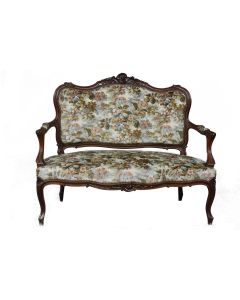 Banquette en noyer de style Louis XV recouvert tissu imprimé fleurs