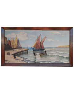 Peinture huile sur toile décorative Marine bord de falaises bretonnes signée A. T