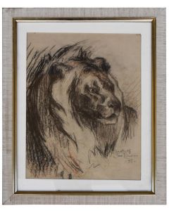 Dessin sanguine et fusain au lion attentif daté 1915 signée Jane Lesoudier