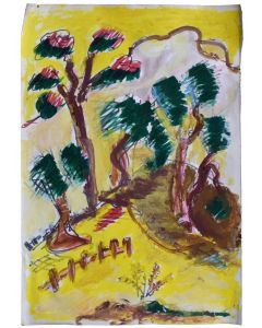 Dessins à la gouache sur papier paysage fond jaune