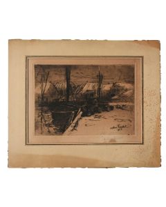 Gravure d'Arthur Feudel (1857-1929) paysage marin bord de mer daté de 1913