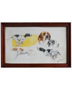 Dessin aquarelle Étude de chiens de chasse d'Henri Fanjul