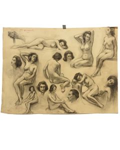 Dessin au fusain académique par Georges Courtin daté 1921 dimension 50/66