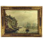 Bateau à voile au port Marine par J. Hurard école Française XXème