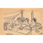 Dessin scène de Harem orientaliste par Marcel Jeanjean années 20