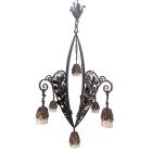 Lustre en fer forgé années 1930 Art déco aux tulipes colorées
