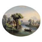 huile sur panneau paysage lacustre XIXème 