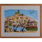 Dessin au feutre et crayon le vieux port de Marseille et Notre-Dame de La Garde 