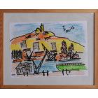 Dessin au feutre et crayon vieux port de Marseille et Notre-Dame de La Garde
