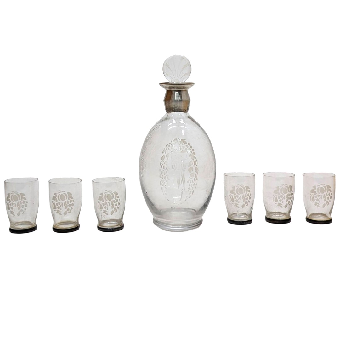 Service à liqueur art déco en verre sablé et argent 