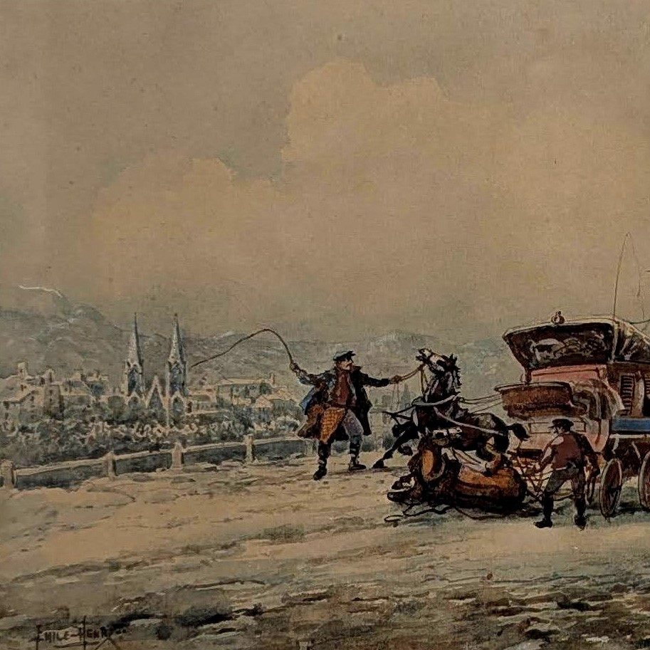Aquarelle Emile Henry 1909 la diligence 