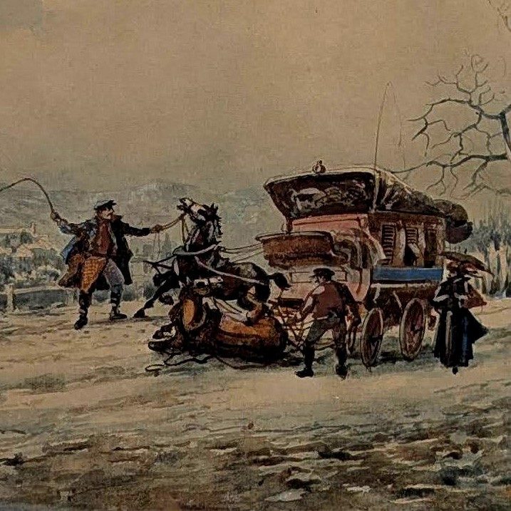 Aquarelle Emile Henry 1909 la diligence 