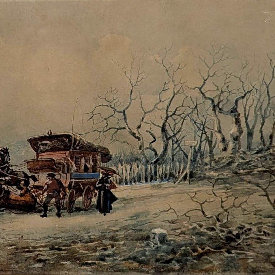 Aquarelle Emile Henry 1909 la diligence 