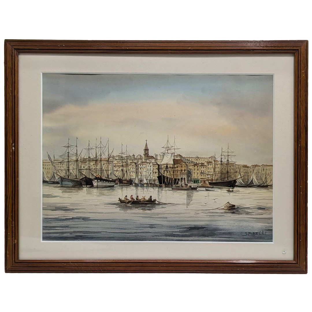 Dessin aquarelle signée Spinelli Marseille le vieux port