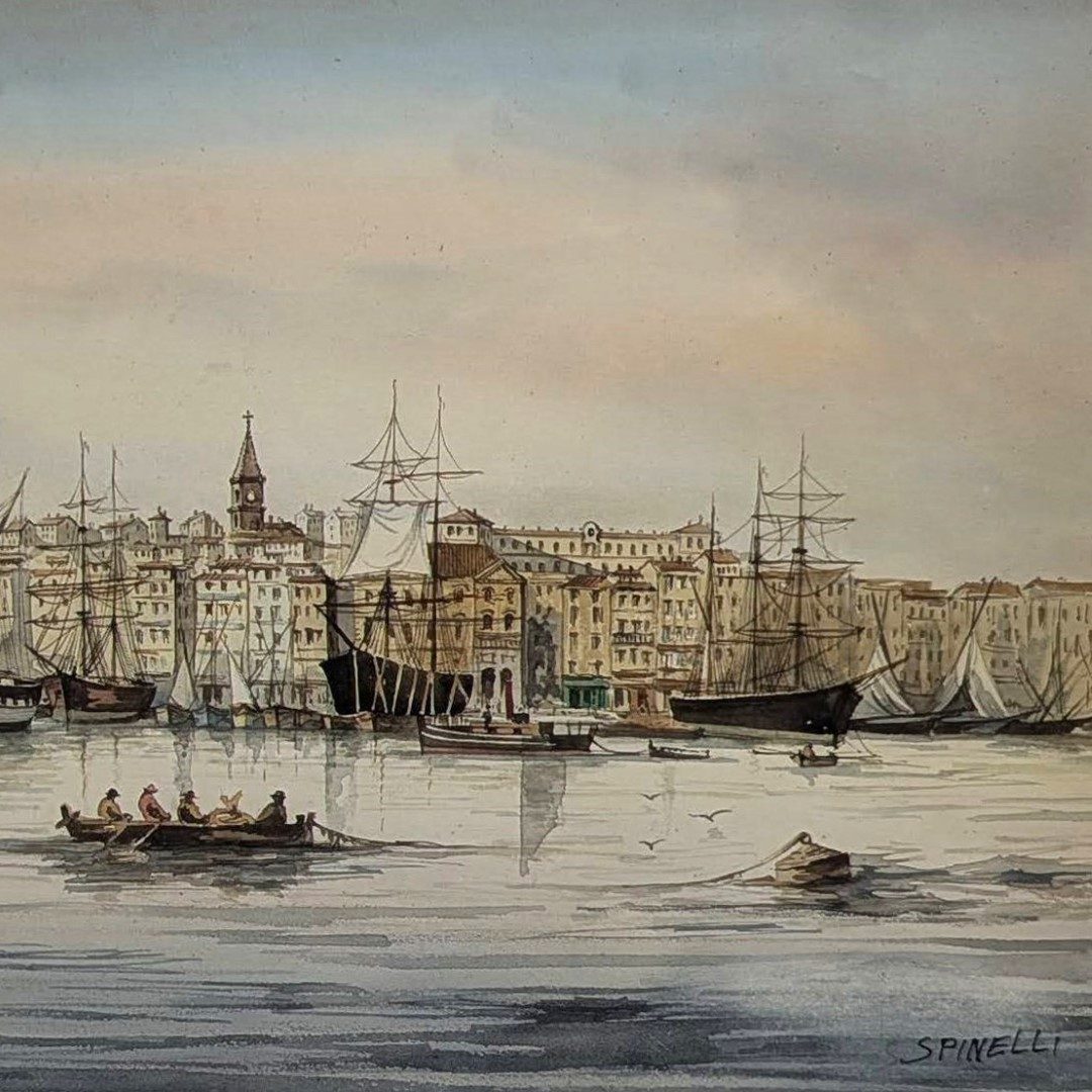 Dessin aquarelle signée Spinelli Marseille le vieux port